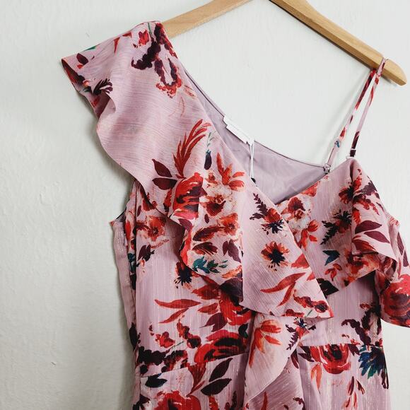 Lovers + Friends Stacey Ruffle Midi Dress Pink Red Floral Asymmetric Small NWT - Picture 8 of 15